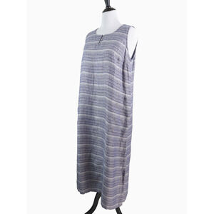 Pure J Jill Size L Woven Stripe Linen Maxi Dress Keyhole Neck Blue